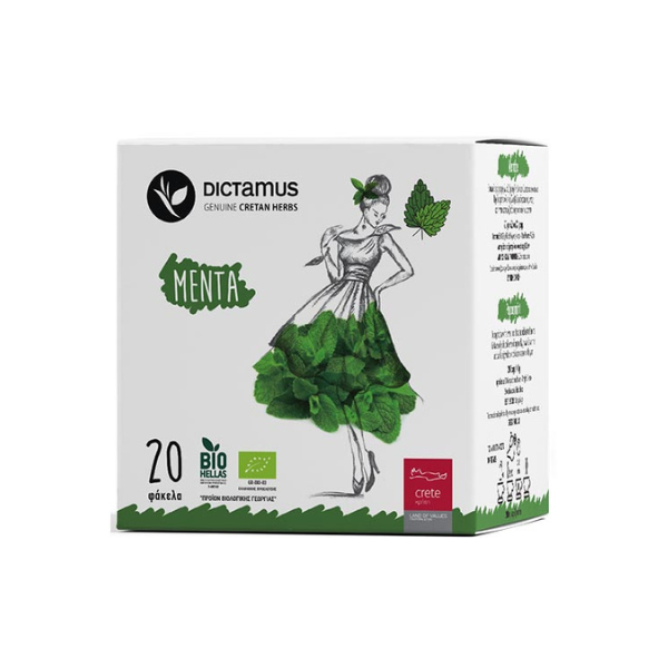 Biologische Muntthee van Karteraki®. 100% muntblaadjes uit Kreta met een frisse, pure en verkoelende smaak. Cafeïnevrij en ideaal voor ontspanning en natuurlijke ondersteuning. 20 zakjes.