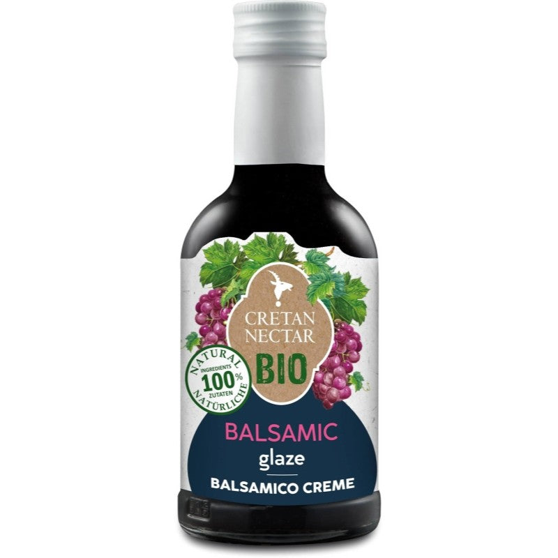 Glazen fles biologische balsamico crème van Cretan Nectar, 200 ml, afkomstig uit Kreta, met rijke, stroperige textuur en puur natuurlijke ingrediënten.
