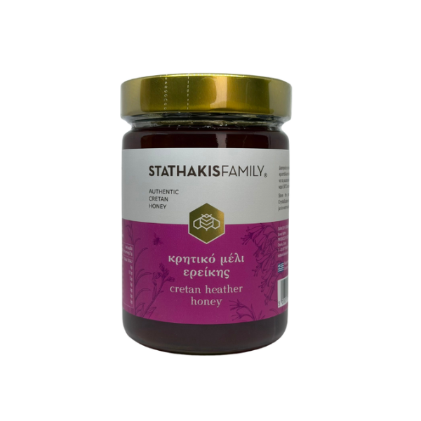 Rijke Cretan Heather Honey van de Stathakis Family. Krachtige, aromatische heidehoning met volle smaak. Perfect voor yoghurt, thee, kazen en desserts. 100% natuurlijk.