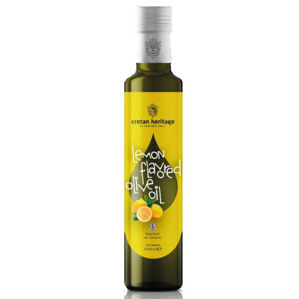 Frisse Extra Vierge olijfolie met natuurlijke citroen, gemaakt van Koroneiki‑olijven uit Kreta. Perfect voor salades, vis, kip, groenten, marinades en Mediterrane gerechten.
