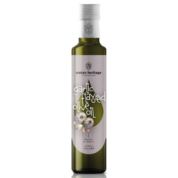 Aromatische Extra Vierge olijfolie met knoflook, gemaakt van Koroneiki‑olijven uit Kreta. Perfect voor pasta, pizza, brood, marinades en Mediterrane gerechten.