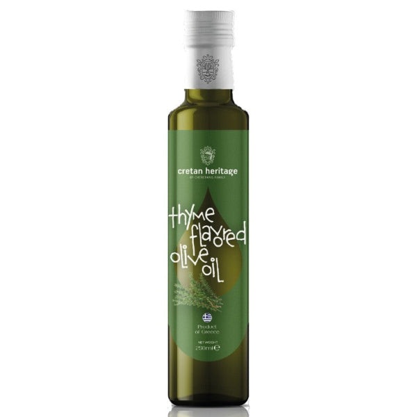 Extra Vierge olijfolie uit Kreta met aromatische tijm. Gemaakt van Koroneiki‑olijven, koudgeperst en perfect voor salades, groenten, vlees en mediterrane gerechten.