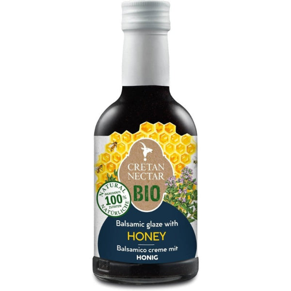 Biologische balsamico crème met Kretenzische honing. Rijk, zacht en natuurlijk gezoet. Perfect voor salades, groenten, vlees, kaas, yoghurt en desserts.