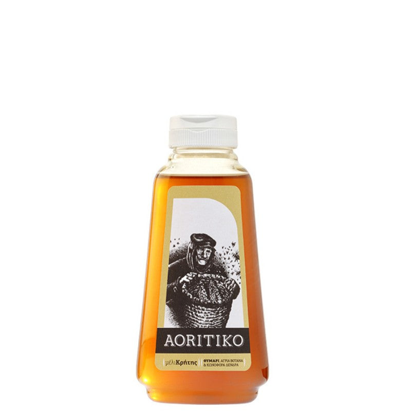 PET-verpakking Aoritiko tijmhoning van Fragiadakis, 470 gram, gevuld met pure Kretenzische bloemenhoning met aroma van tijm, pijnboom en wilde kruiden. Biologisch, glutenvrij en afkomstig uit de bergregio’s van Noordwest-Kreta.