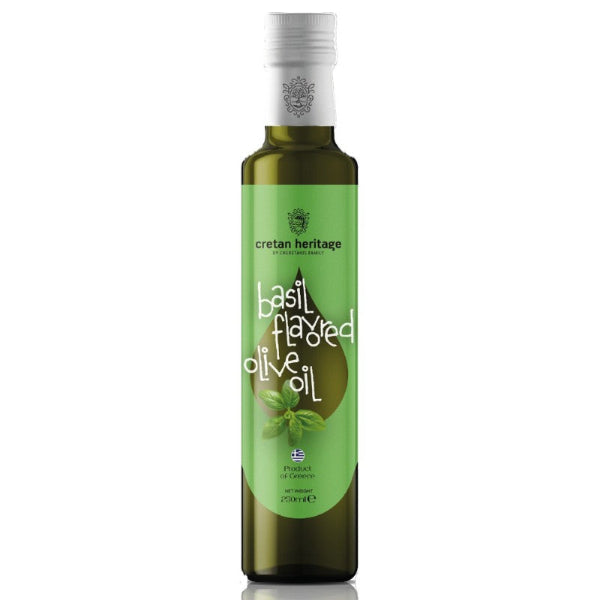 Cretan Heritage Basilicum Olijfolie 250 ml: frisse extra Vierge olijfolie met basilicum, gemaakt van Koroneiki‑olijven uit Kreta. Perfect voor salades, pasta, brood en groenten.