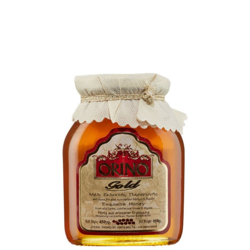 Glazen pot Orino Honing Nectar Goud, 450 gram, gevuld met pure Kretenzische bloemenhoning met aroma van tijm, dennenbloesem en wilde kruiden. Rijk van smaak, 100% natuurlijk, glutenvrij en afkomstig uit Rethymno, Noordwest-Kreta.