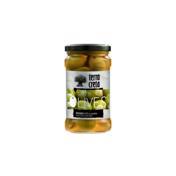 Groene Olijven met Amandelen 160 g van Terra Creta – Unieke combinatie van hartige olijven en knapperige amandelen. Perfect voor tapas, salades en borrelplanken.