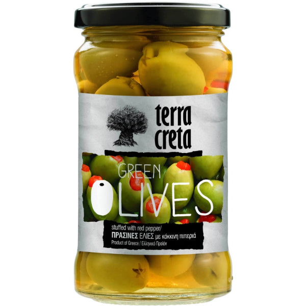 Knapperige groene olijven met stukjes paprika. Puur, smaakvol en ideaal voor salades, tapas en borrelmomenten. Authentieke kwaliteit van Terra Creta uit Kreta.