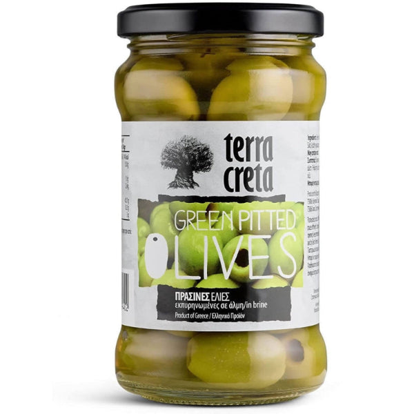 Stevige, ontpitte groene olijven uit Kreta. Puur, knapperig en ideaal voor salades, tapas en borrelplanken. Authentieke kwaliteit van Terra Creta.