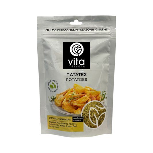 Mediterrane aardappelkruidenmix uit Kreta met rozemarijn, tijm en oregano. Aromatisch, veelzijdig en perfect voor ovenaardappelen, friet, groenten en BBQ‑gerechten.