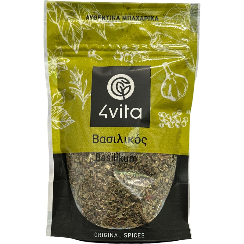 Biologische basilicum 30 g van 4Vita – Gedroogd op Kreta voor een intens aroma. Ideaal voor pasta, pesto, pizza, salades en mediterrane sauzen. Puur en aromatisch.