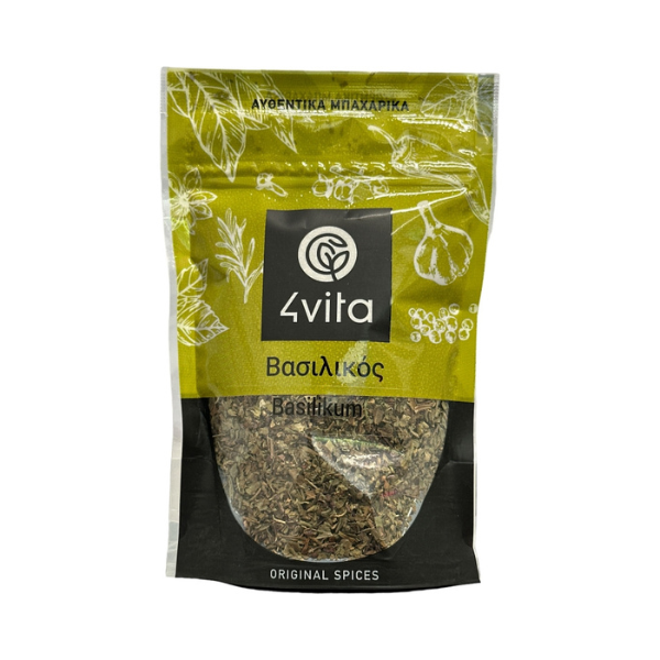4Vita Basilicum 30 g: biologische gedroogde basilicum uit Kreta. Zoet‑kruidig, aromatisch en ideaal voor pasta, pizza, pesto, salades en Mediterrane sauzen.