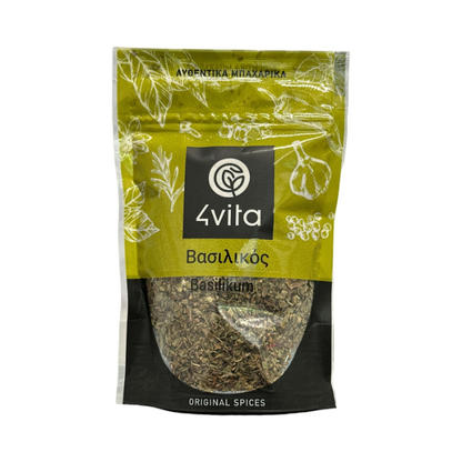4Vita Basilicum 30 g: biologische gedroogde basilicum uit Kreta. Zoet‑kruidig, aromatisch en ideaal voor pasta, pizza, pesto, salades en Mediterrane sauzen.