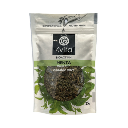 Biologische munt van 4Vita®. Fris, aromatisch en 100% puur. Ideaal voor thee, infusies en mediterrane gerechten. Vegan, glutenvrij en volledig zonder toevoegingen. 25 g.