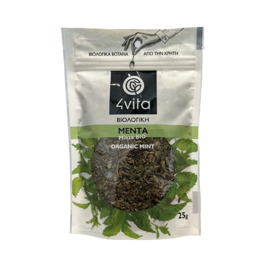 Biologische munt van 4Vita®. Fris, aromatisch en 100% puur. Ideaal voor thee, infusies en mediterrane gerechten. Vegan, glutenvrij en volledig zonder toevoegingen. 25 g.