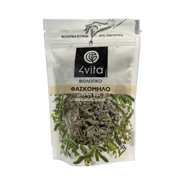 Biologische saliethee van 4Vita®. Warm, aromatisch en 100% puur. Ideaal voor mediterrane infusies. Vegan, glutenvrij en volledig zonder kunstmatige toevoegingen. 30 g.