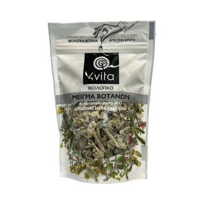 Biologische kruidenthee uit Kreta van 4Vita®. Puur, aromatisch en volledig natuurlijk. Ideaal voor dagelijkse thee en infusies. Vegan, glutenvrij en zonder toevoegingen. 25 g.