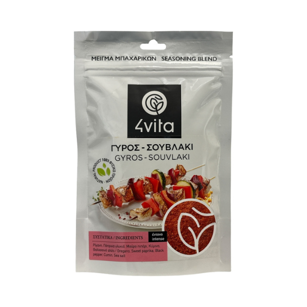 4Vita Gyros‑Souvlaki kruidenmix 75 g: Griekse kruidenmix uit Kreta met oregano, paprika en komijn. Kruidig, aromatisch en perfect voor gyros, souvlaki, grillgerechten en marinades.