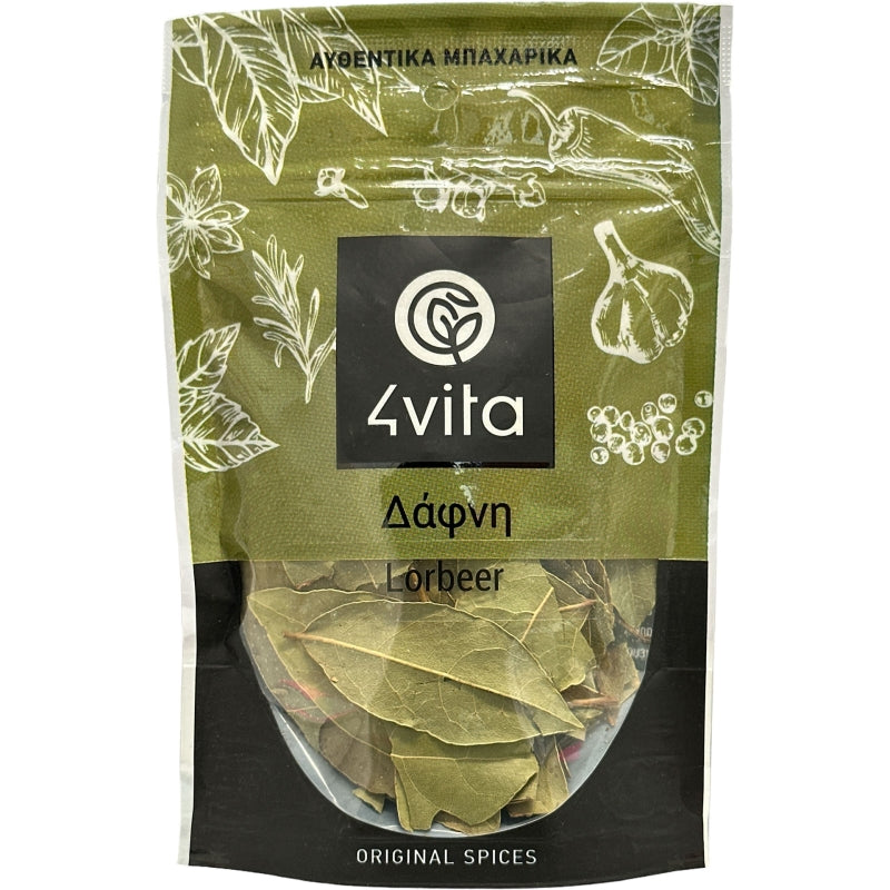 Biologische laurierblaadjes 10 g van 4Vita – Hand‑geoogst en gedroogd op Kreta. Perfect voor stoofgerechten, soepen, sauzen en bouillons. Intens aroma, puur en natuurlijk.