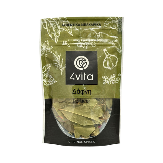 4Vita Laurierblaadjes 10 g: pure, biologische laurier uit Kreta. Intens aromatisch, hand‑gedroogd en ideaal voor stoofgerechten, soepen, sauzen en Mediterrane keuken.