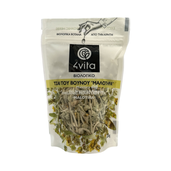 Biologische Kretenzische Malotira Bergthee van 4Vita®. Zacht, zuiverend en 100% puur. Cafeïnevrij, vegan en ideaal voor een rustgevend moment. 20 g.