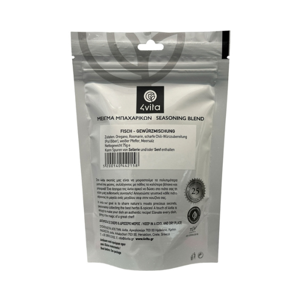 Deze 4vita Viskruidenmix combineert citrus, oregano en tijm tot een aromatische blend die perfect past bij vis, zeevruchten en lichte ovengerechten.
