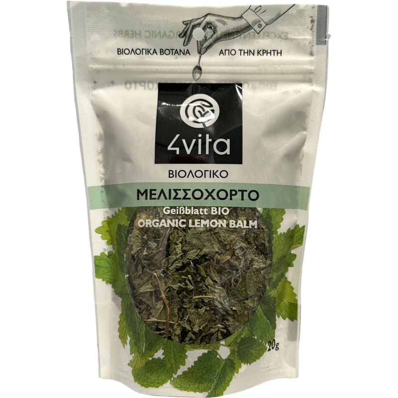 Zakje biologische citroenmelisse en kamperfoelie van 4vita, 20 gram, met handgeoogste kruiden uit Kreta. Fris, rustgevend en aromatisch, ideaal voor kruidenthee of infusies. 100% vegan, glutenvrij en natuurlijk verpakt.