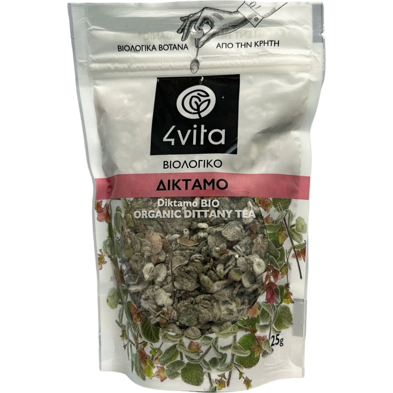 Zakje biologische Diptam van 4vita, 25 gram, met handgeoogste bladeren uit de bergen van Kreta. Aromatisch en helend kruid, traditioneel gebruikt als infusie voor spijsvertering en welzijn. 100% vegan, glutenvrij en verpakt in een transparante zak met groene accenten.