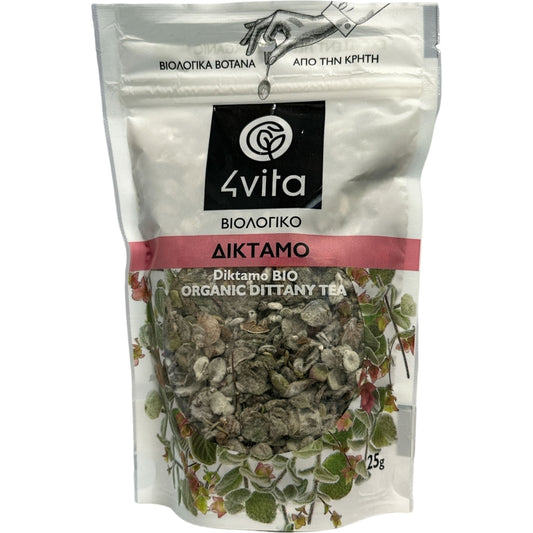 Zakje biologische Diptam van 4vita, 25 gram, met handgeoogste bladeren uit de bergen van Kreta. Aromatisch en helend kruid, traditioneel gebruikt als infusie voor spijsvertering en welzijn. 100% vegan, glutenvrij en verpakt in een transparante zak met groene accenten.