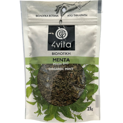Zakje biologische munt van 4vita, 25 gram, afkomstig uit Kreta. Fris en aromatisch, ideaal voor kruidenthee, infusies of als smaakmaker in gerechten. 100% vegan, glutenvrij en zonder kunstmatige toevoegingen.