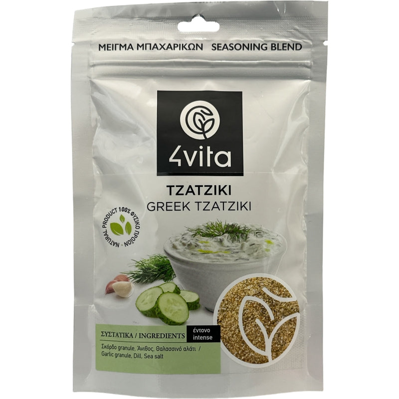 Zakje Tzatziki kruidenmix van 4vita, 75 gram, met frisse blend van oregano, tijm, rozemarijn en munt. Biologisch, vegan en glutenvrij, ideaal voor Griekse dips, yoghurtsauzen en mediterrane gerechten. Afkomstig uit Kreta.