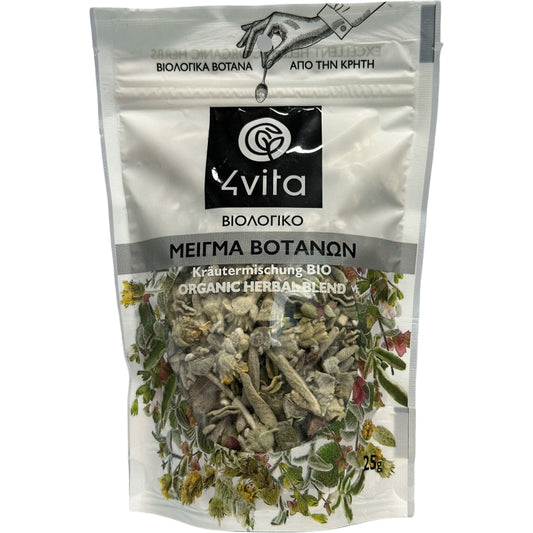 4vita Biologische Thee Kruidenmix 25 g – Hand geoogste kruiden uit Kreta. Puur, aromatisch, vegan en glutenvrij. Ideaal voor thee en infusies.