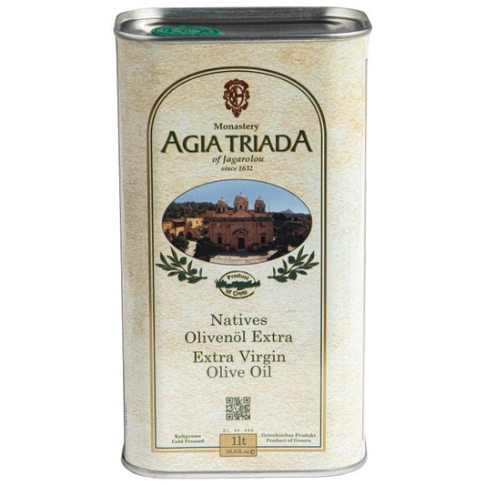 Blik Agia Triada biologische extra vierge olijfolie van 1 liter, goudgroene olie in metalen verpakking, geproduceerd op Kreta door het Agia Triada-klooster.