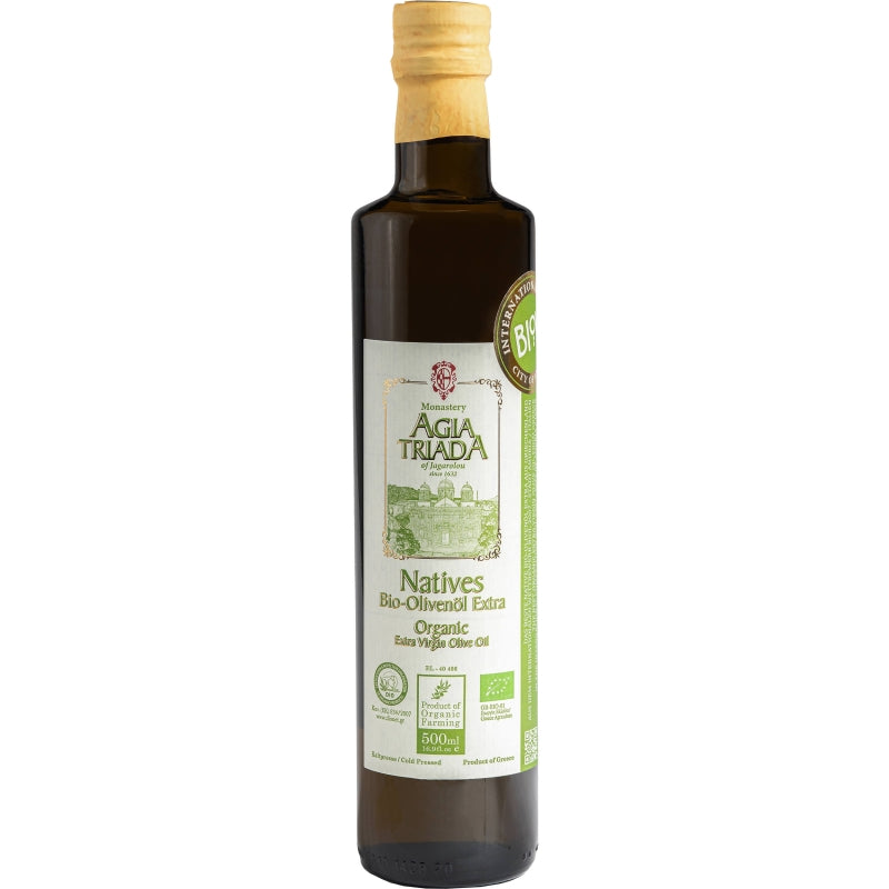 Fles Agia Triada Biologische Extra Vierge Olijfolie 500 ml – koudgeperst uit Koroneiki-olijven, geproduceerd door het historische klooster op Kreta.