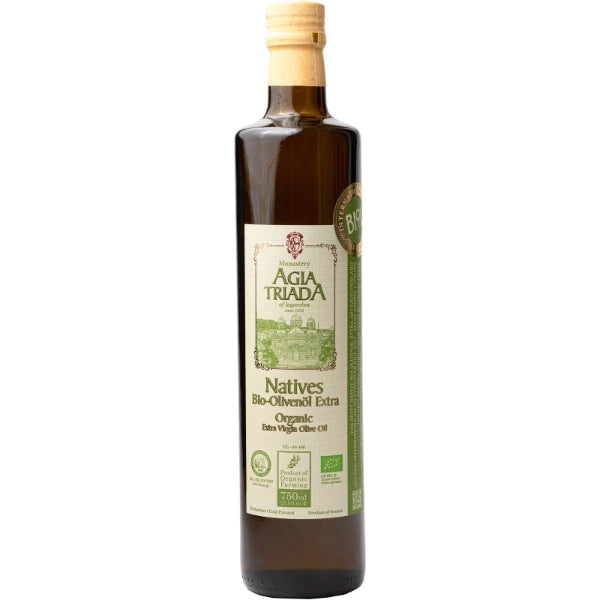 Biologische extra Vierge olijfolie van het Agia Triada‑klooster. Zacht fruitig, koudgeperst, laag zuurgehalte en perfect voor salades, brood en mediterrane gerechten.