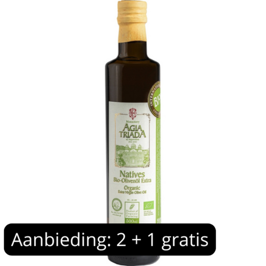 Ontdek de biologische extra Vierge olijfolie van Agia Triada (500 ml). Zacht, fruitig en authentiek Kretisch. Ideaal voor salades, dips en dagelijkse keuken. 