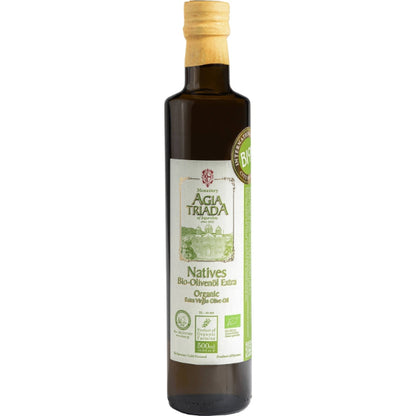 Biologische extra Vierge olijfolie van Agia Triada. Zacht, zuiver en koudgeperst uit Kreta. Perfect voor salades, koken, marinades en dagelijkse mediterrane gerechten.