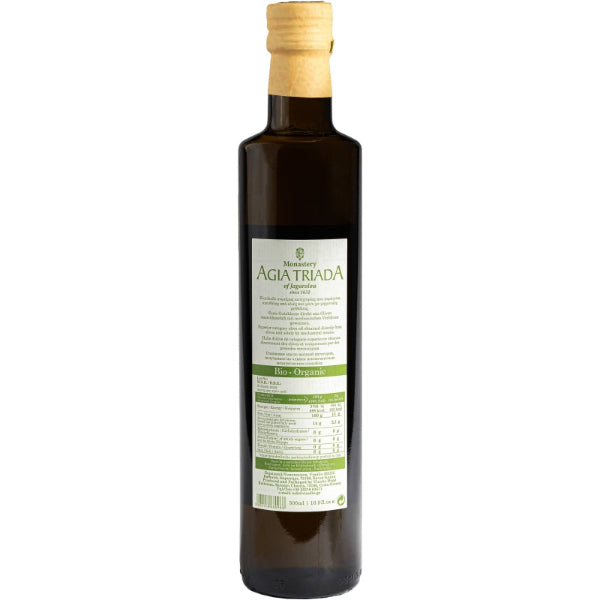 Puur Kreta in een fles: zachte, fruitige biologische olijfolie van het Agia Triada‑klooster.