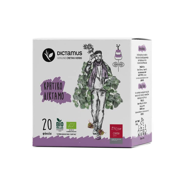 Biologische Diktamos Thee van Karteraki®. Zeldzame Kretenzische kruidenthee, subtiel kruidig en bloemig. Cafeïnevrij, puur en traditioneel geoogst. 20 zakjes