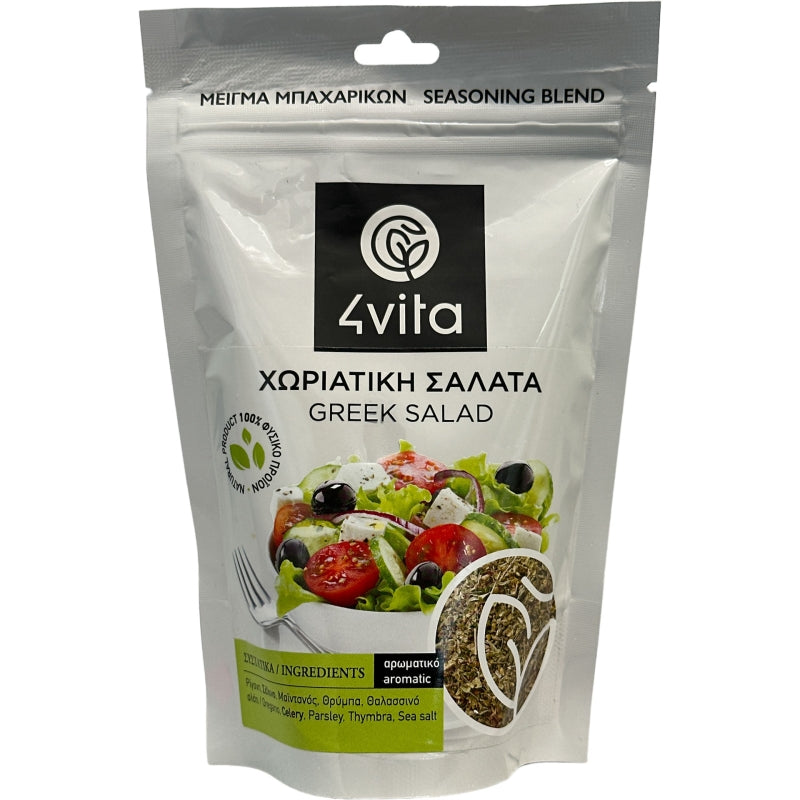 Verpakking van 4Vita biologische boerensalade kruidenmix 75 g – mediterrane blend in papieren zak, geschikt voor salades en dressings.