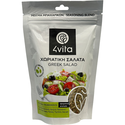 Verpakking van 4Vita biologische boerensalade kruidenmix 75 g – mediterrane blend in papieren zak, geschikt voor salades en dressings.