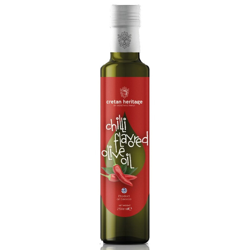 Fles Cretan Heritage Chili gearomatiseerde olijfolie 250 ml – extra Vierge olijfolie met chili-infusie uit Noordwest-Kreta.