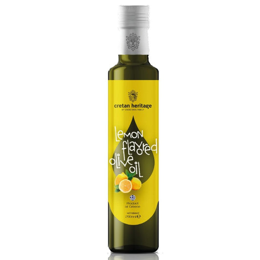 Fles Cretan Heritage Citroen gearomatiseerde olijfolie 250 ml – extra Vierge olijfolie met natuurlijke citroeninfusie uit Noordwest-Kreta.