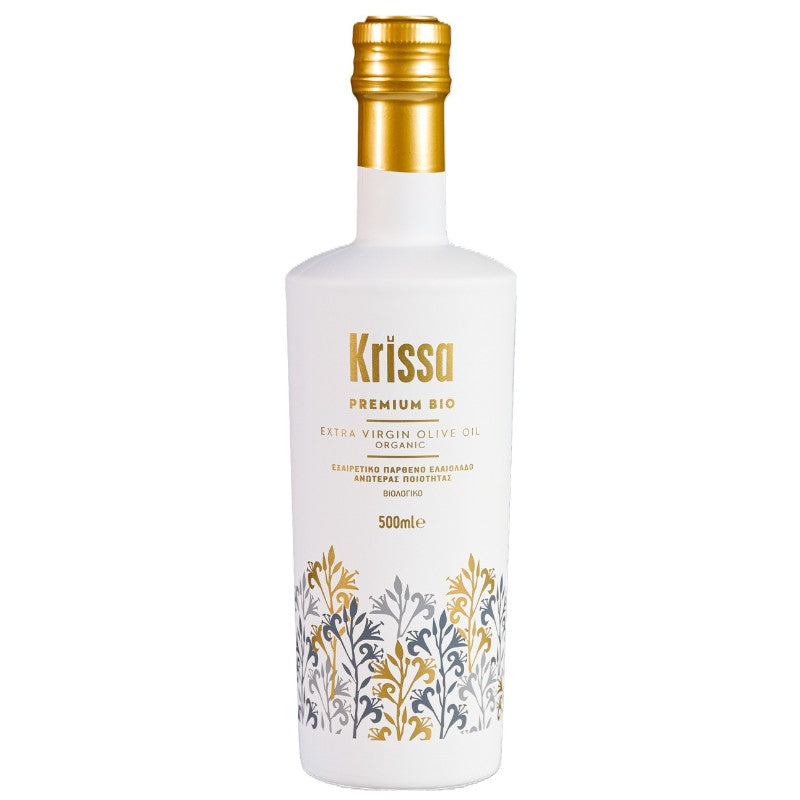 Krissa Premium BIO olijfolie 500 ml uit Kreta. Biologisch, koudgeperst en middelmatig fruitig. Een ode aan traditie, smaak en zuiverheid.