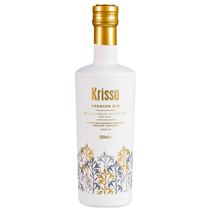 Krissa Premium BIO olijfolie 500 ml uit Kreta. Biologisch, koudgeperst en middelmatig fruitig. Een ode aan traditie, smaak en zuiverheid.