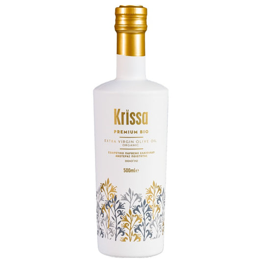 Krissa Premium BIO olijfolie 500 ml uit Kreta. Biologisch, koudgeperst en middelmatig fruitig. Een ode aan traditie, smaak en zuiverheid.