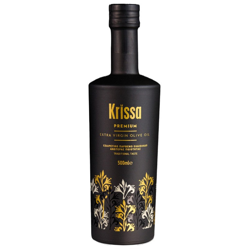 Een elegante fles vol Kretenzische traditie. Krissa Premium is een extra Vierge olijfolie van topkwaliteit, koudgeperst uit Koroneiki-olijven uit Noordwest-Kreta. 