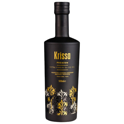 Een elegante fles vol Kretenzische traditie. Krissa Premium is een extra Vierge olijfolie van topkwaliteit, koudgeperst uit Koroneiki-olijven uit Noordwest-Kreta. 