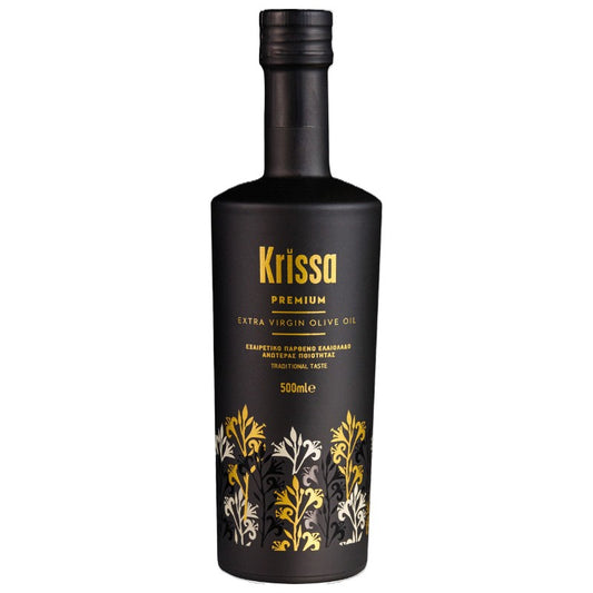 Een elegante fles vol Kretenzische traditie. Krissa Premium is een extra Vierge olijfolie van topkwaliteit, koudgeperst uit Koroneiki-olijven uit Noordwest-Kreta. 