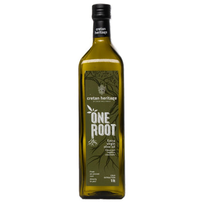 Fles Cretan Heritage One Root Extra Vierge Olijfolie 1L – koudgeperste olijfolie uit Kissamos, middelmatig fruitig en vegan.